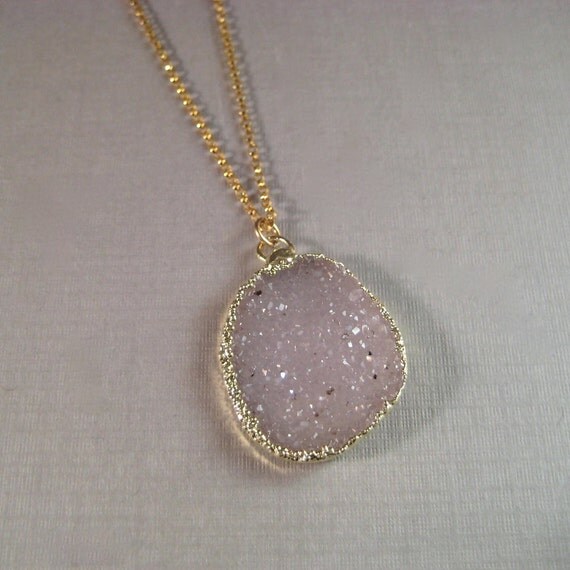 Drusy Necklace Pink Druzy Gold Necklace Gold Fill Chain