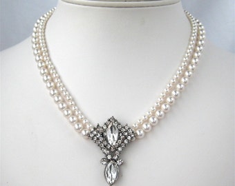 White Pearl Necklace, Rhinestone Pendant, Two Strand Silver Wedding Necklace, Clear Rhinestone Bridal Necklace, Crystal Pearls, Diana