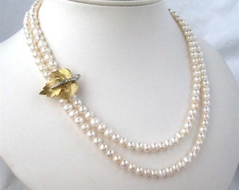 Gold Maple Leaf Pearl Necklace, Two Strand Wedding Necklace, Freshwater Pearl, Rhinestone, Handmade, Northwoods