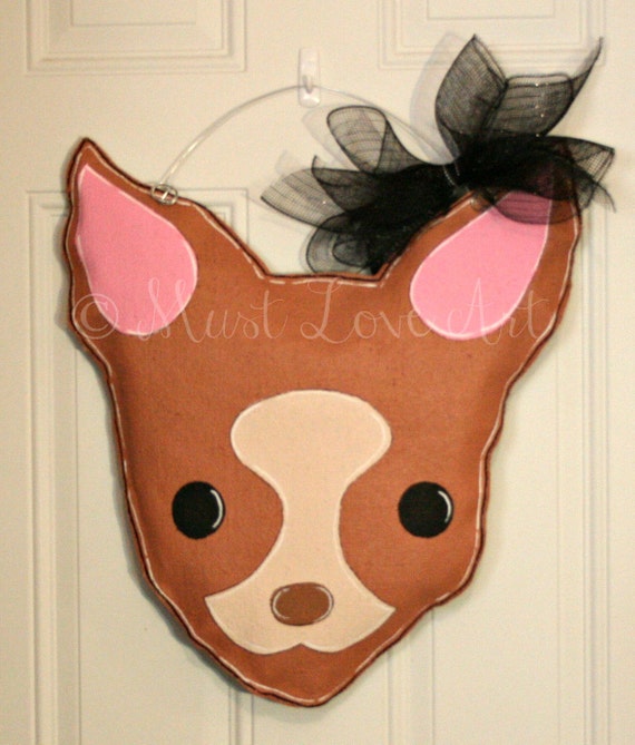 Chihuahua Dog Burlap Door Hanger Decoration by MustLoveArtStudio