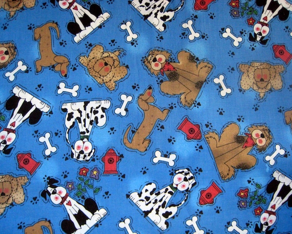 Simple Kitchen 8 Blue Dogs Fabric Bone Fire Hydrant paw print 3/4 yard of