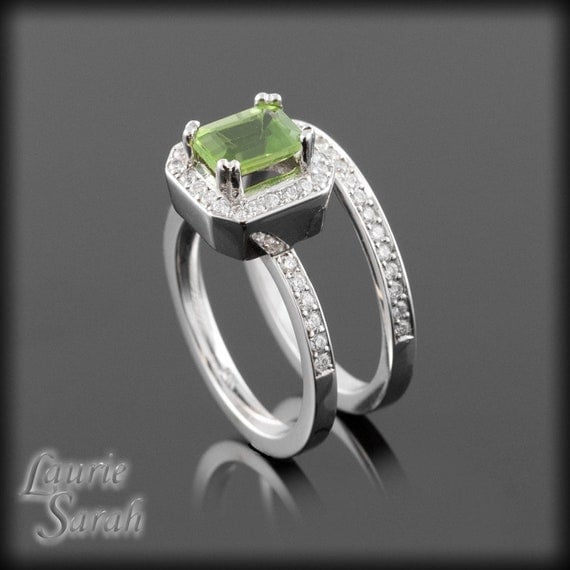 Peridot and Diamond Wedding Ring Set with by LaurieSarahDesigns
