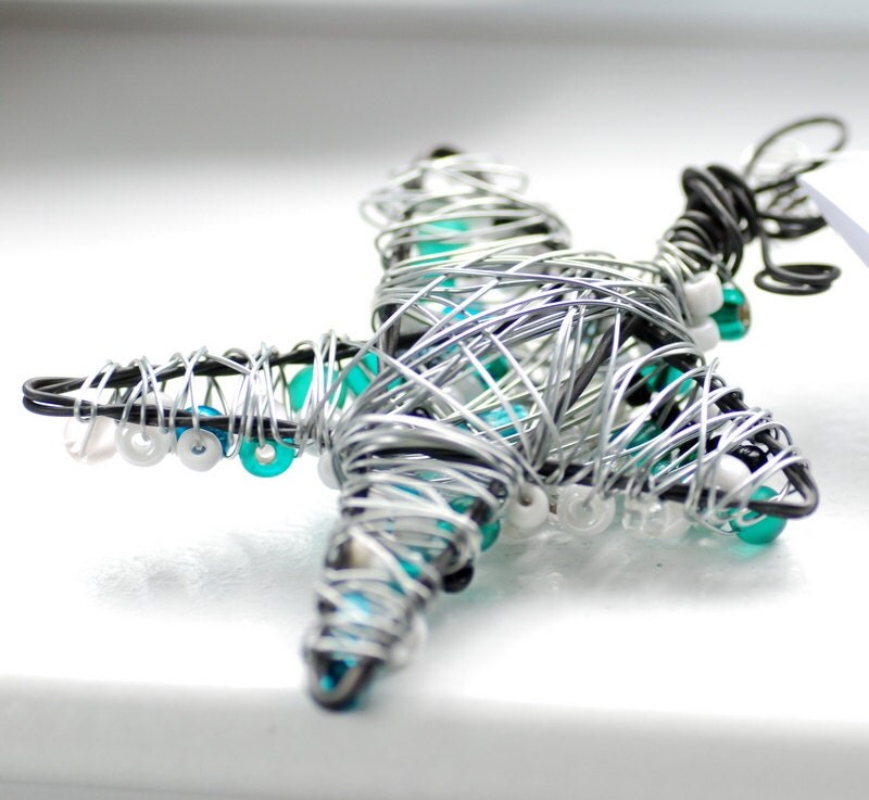 Star Ornament Wire Wrapped Star White and Teal Star Frosty