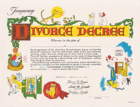 vintage comic temporary divorce decree illustrated gag gift