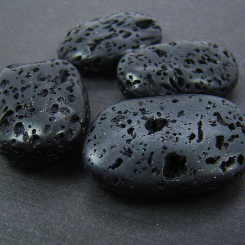Lava rock beads natural polished black offset flat large 4