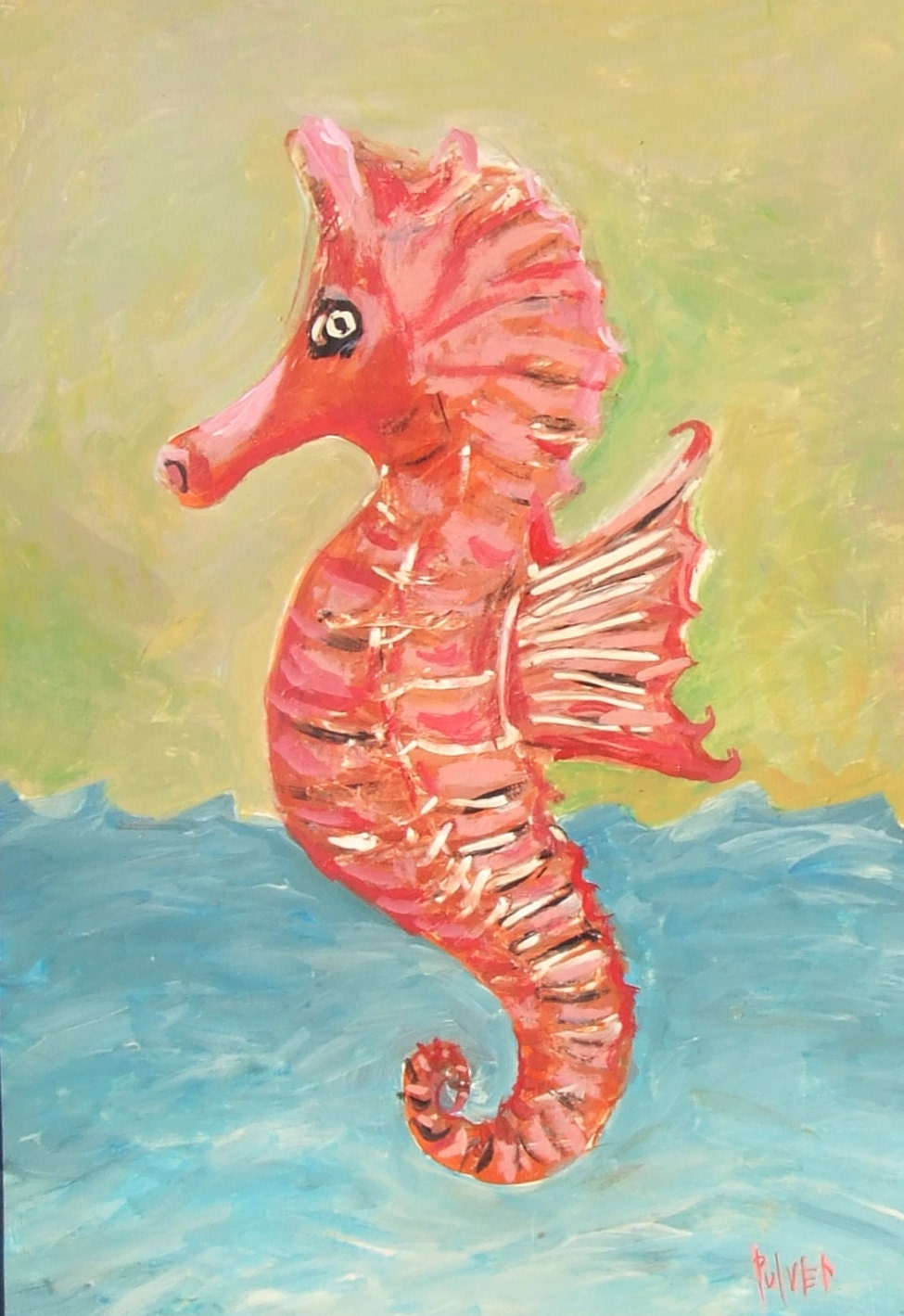 Seahorse Art Original Framed Painting Coral Pink Green by 3crows