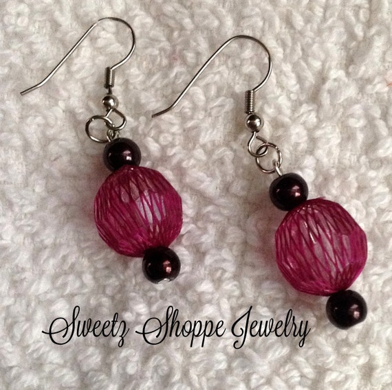 FREE SHIPPING Plum Lace Wrapped Beaded Earrings