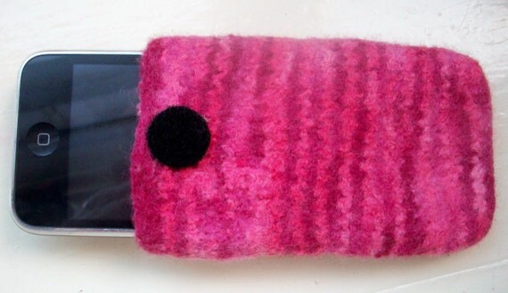 Fun felted wool cell phone cozy pink cherry red by SpinningStreak
