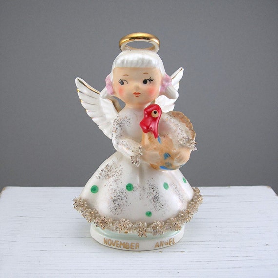 Spaghetti Angel Figurine for November Holding Turkey Vintage