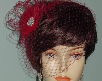 Red Birdcage Veil with Ostrich Feather Fascinator French Veiling Bride Bridesmaid - Made to Order