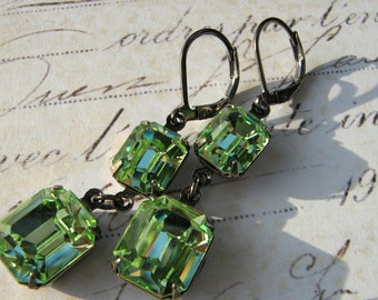 Estate Earrings, Peridot Rhinestone Earrings, Vintage Rhinestone, Green Rhinestone Lever Back Gunmetal Earrings