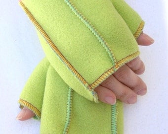 Lime Fleece Mittens, Xmittens Recycled Fleece Fingerless Gloves, Bright multicolored thread details, size MEDIUM