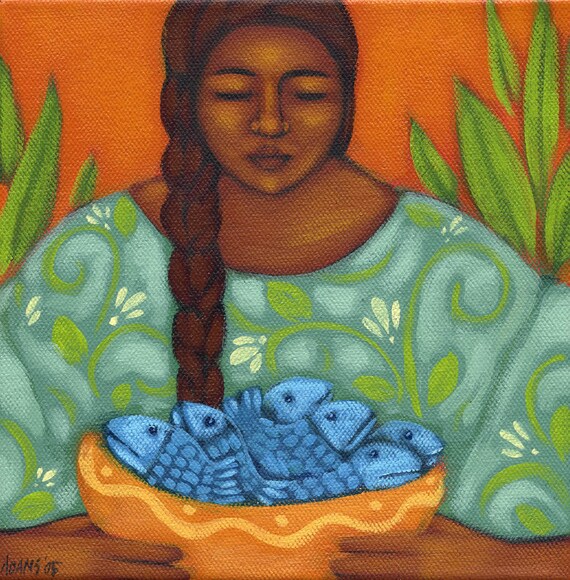 Girl with Fish Basket Mexican Portrait Print of Original