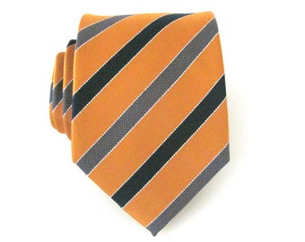 Mens Tie - Neck Tie Mikado Yellow Black and Grey Striped Necktie