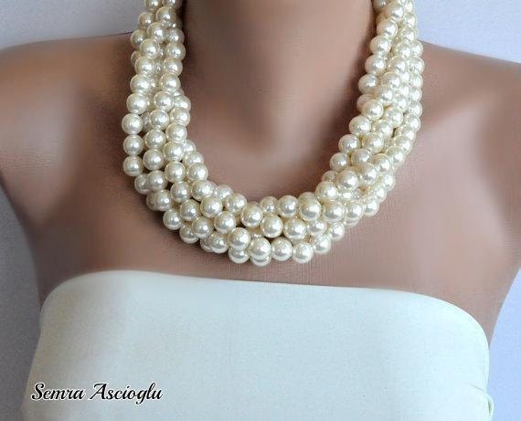 Chunky Layered Ivory Pearl Necklacelayered By Hmbysemraascioglu