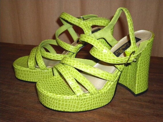 80s Platform Shoes Strap Lime Green Faux Vegan Lizard