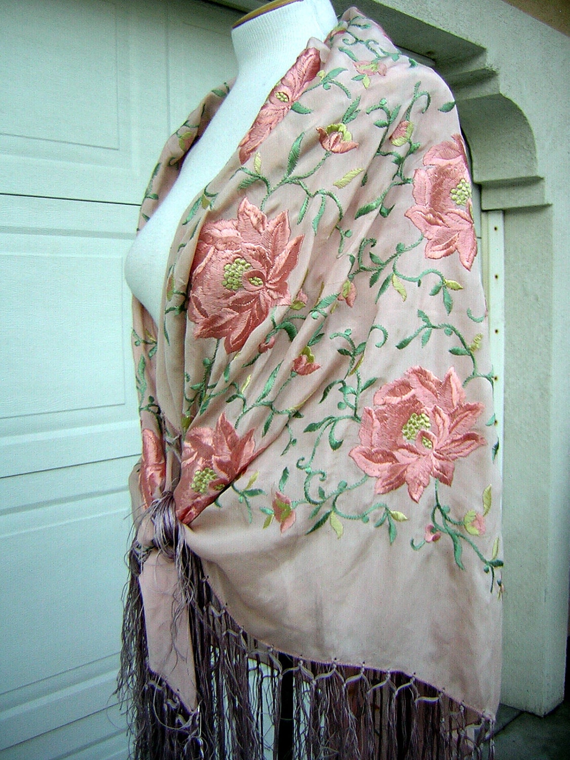 Vintage Antique Pink Silk Piano Shawl Embroidered Lotus