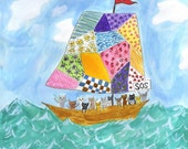 Kittens at Sea. Limited edition print of an original watercolor painting by Vivienne Strauss.