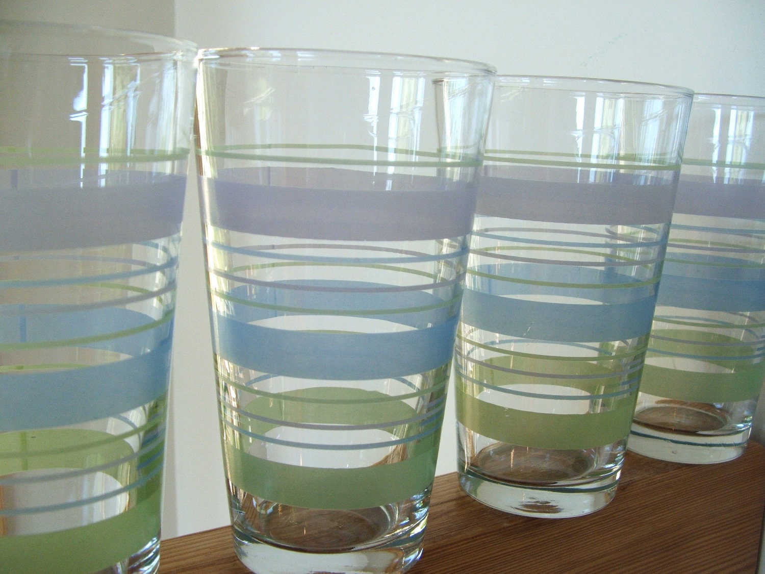 Set of 4 Vintage Drinking Glasses with blue and green stripes