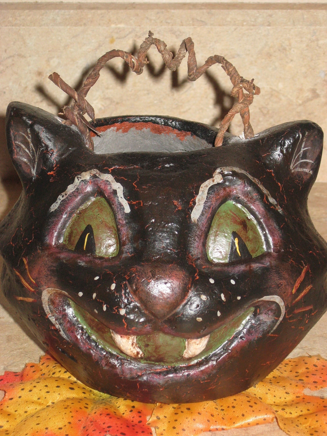 Paper mache 5 Halloween Cat Basket w/Handle