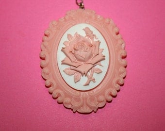 Large Pink Rose Cameo Necklace in Pink Resin Setting