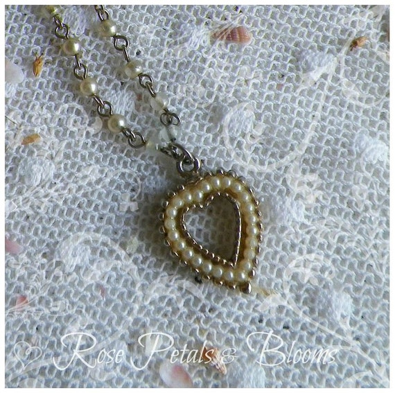 Lovely Vintage Faux Pearl Heart Necklace by rosepetalsandblooms