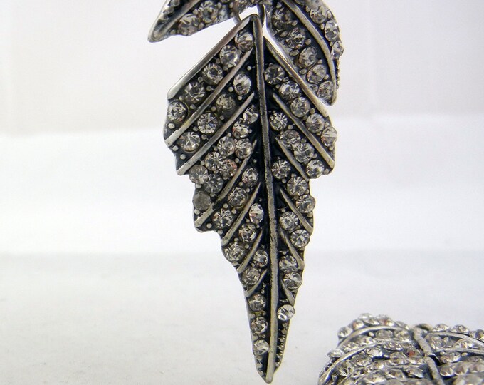 Pair of Antique Silver-tone Rhinestone Leaf Charms Rhinestones