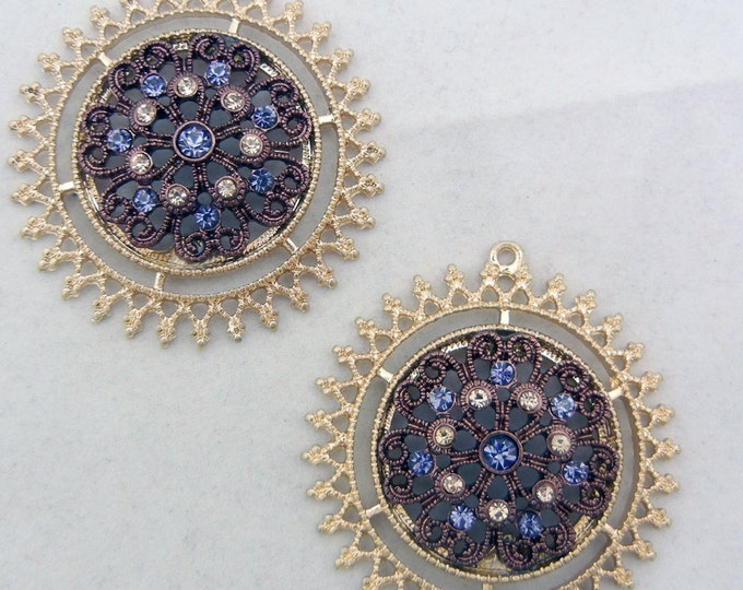 Pair of Two-tone Round Sun or Flower Blue Rhinestone Accented Charms