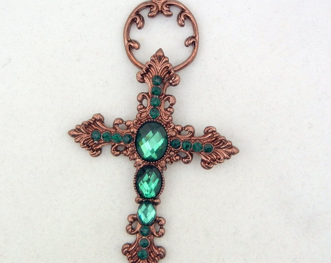 Copper-tone Cross with Emerald Green Rhinestones and Acrylic Faceted Gems