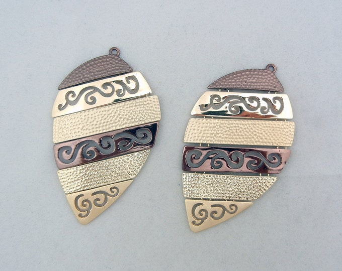 Large Tribal Shield Shaped Two-tone Textured Drop Charms