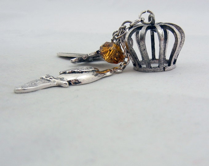 Multiple Charms with Crown, Bird, Rose, Feather Antique Silver-tone