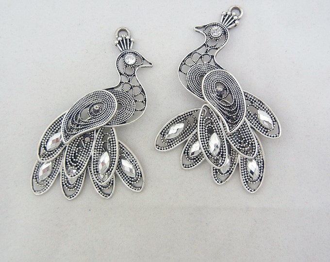 Pair of Filigree Peacock Charms Rhinestone Eye Antique Silver-tone