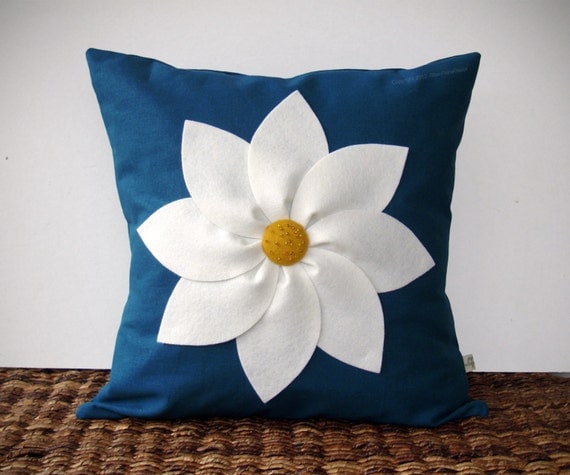 Items similar to White and Yellow Flower PILLOW COVER in Navy Blue Linen by JillianReneDecor ...