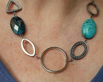 Turquoise necklace, boho chic necklace, statement necklace, asymmetric necklace, silver link necklace, boho turquoise jewelry