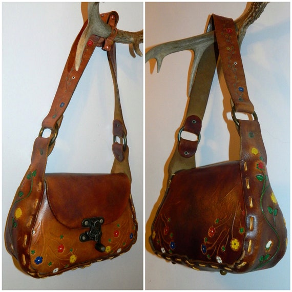 vintage 1970s purse tooled leather HIPPIE bag floral