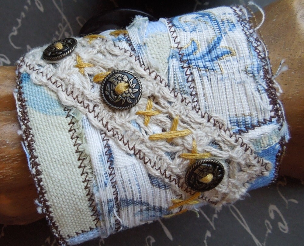 Blue Upcycled Fabric Textile Bohemian Wrist Cuff Bracelet