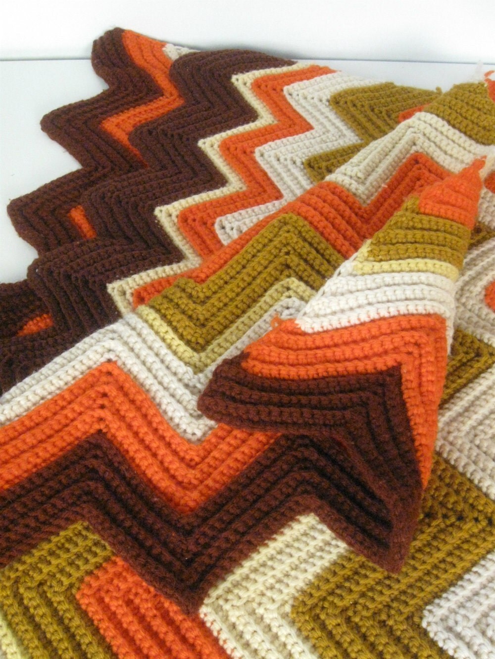 Vintage Chevron Crochet Afghan Blanket Autumn Colors