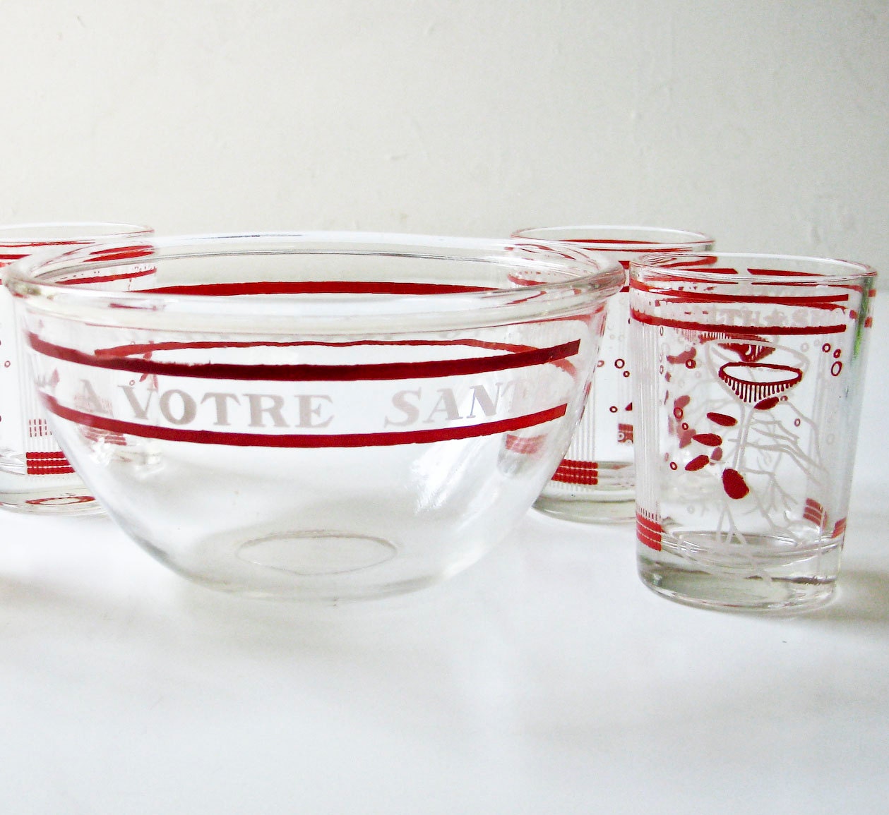 Vintage Ice Bucket and Cocktail Glasses Glass Ice Bowl