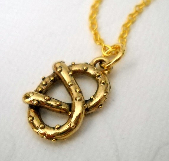 Small Gold Pretzel Charm Necklace on an 18 chain by lucindascharms