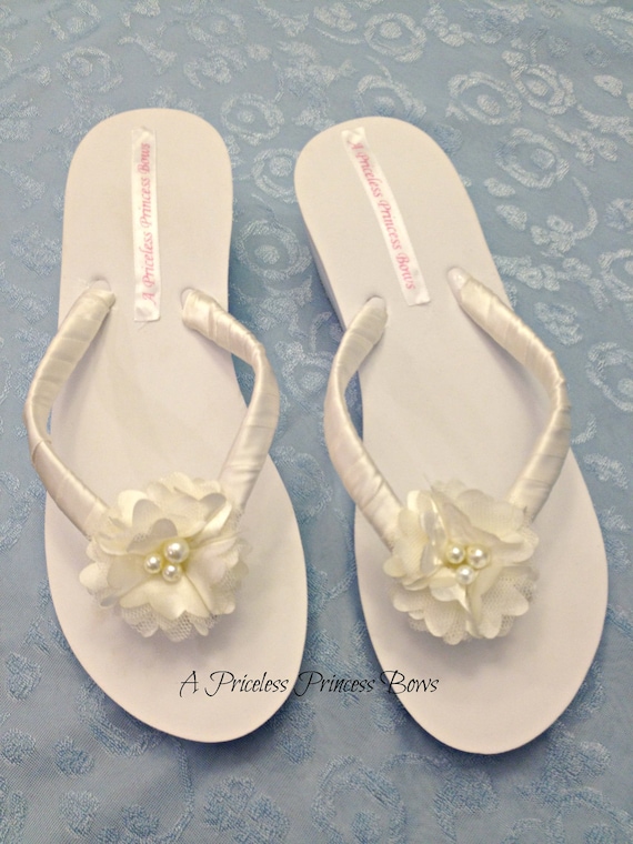 Bridal Flip Flops with Ivory Satin Flower  Pearls Bride Sandals Shoes ...