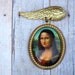 Mona Lisa Winged Cameo Brooch - Gold Brass - Kitschy Fashion - Free Shipping - Under 15 - Stocking Stuffer