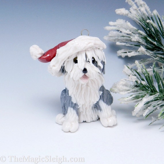 Old English Sheepdog Ornament Santa Christmas Porcelain