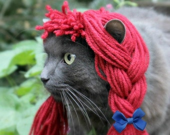 Raggedy Ann Wig - Rag Doll Yarn Wig for Cats and Small Dogs - Cat Halloween Costume - Pet Raggedy Ann Costume - Cat Photo Prop