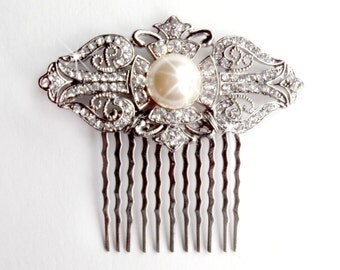 Victorian Pearl Hair Comb - Bridal Comb - Antique Silver Rhinestone Brooch - Vintage Style Hair Piece - Dark Pewter Silver