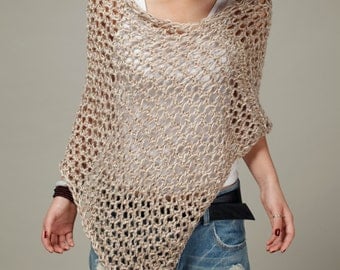 Hand knit Little cotton poncho Wheat sweater top scarf-ready to ship