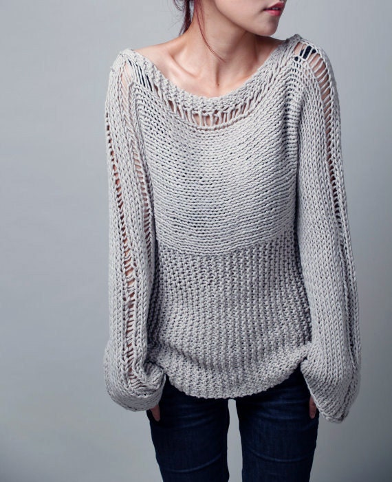 Hand knit woman sweater Eco cotton sweater light grey ready