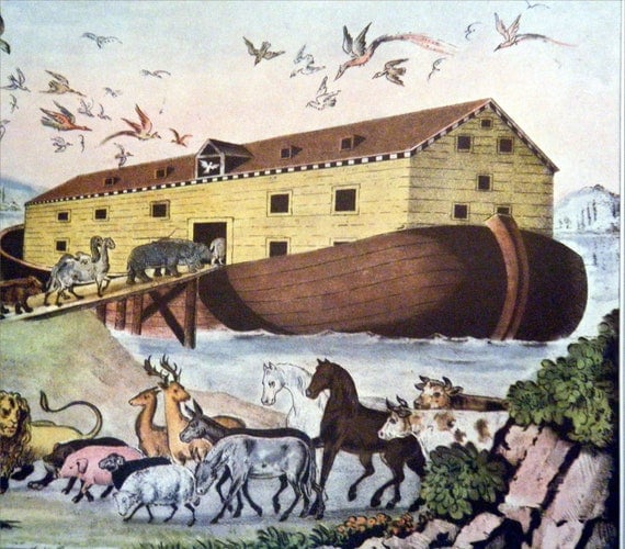 Animals Boarding Noah's Ark and Adam Naming the Creatures