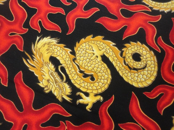 Cotton Fabric Red Flames Gold Dragons and by thedesignerstouch