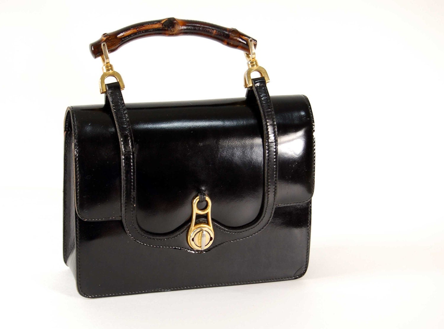 Vtg 50s GUCCI Bamboo Bag / Black Leather Structured Bamboo