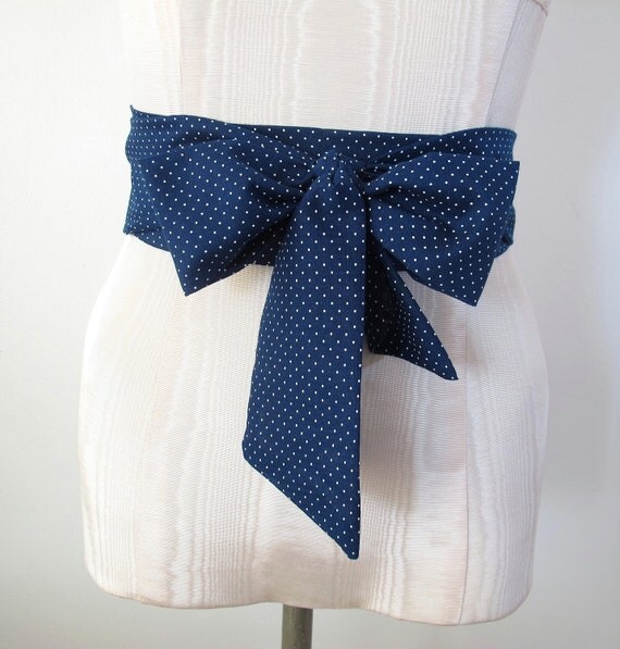 Polka Dot Obi Wrap Belt Bow Belt Navy Blue White Cotton Fabric